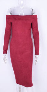 Women Suede Long Sleeve off shoulder Midi Bodycon Dress Sexy Party Dress