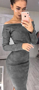 Women Suede Long Sleeve off shoulder Midi Bodycon Dress Sexy Party Dress