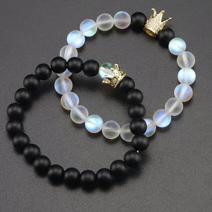 2pcs/set King Queen Crown Love Couples Bracelet Stone White Crystal Moonstone beads