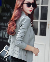 Load image into Gallery viewer, Women Leather Jacket Short Sleeve Slim Faux Leather Coat